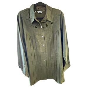 Richard Malcom Irish Linen Blouse XXL Olive Green Crochet Eyelet Pintuck Tunic